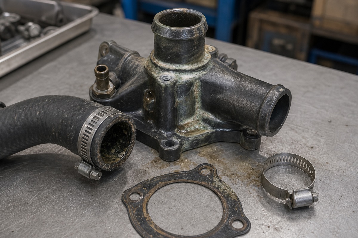 Old excavator coolant hose and gasket shape compared on a workshop bench
