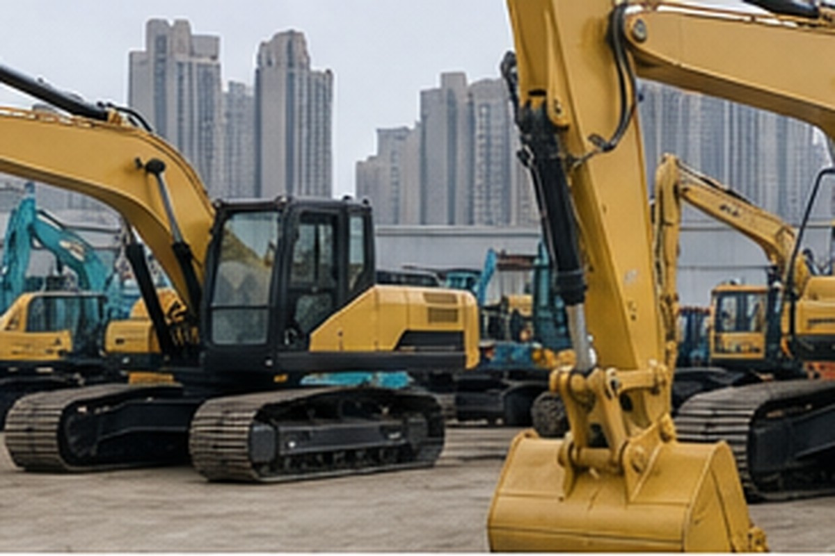 Used CAT 320-size excavator yard walkaround before import