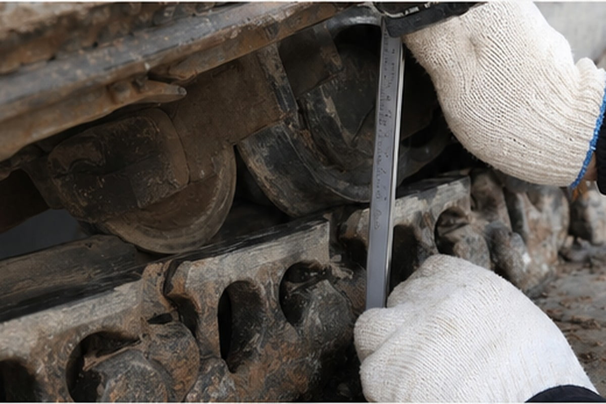 CAT excavator undercarriage wear inspection with track roller and sprocket