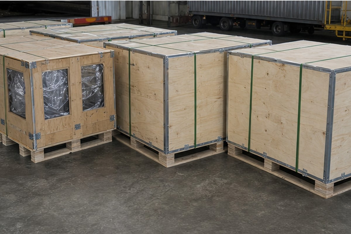 Emballage export pieces excavatrice pour livraison Canada