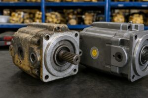 Old excavator part compared with replacement part before quote