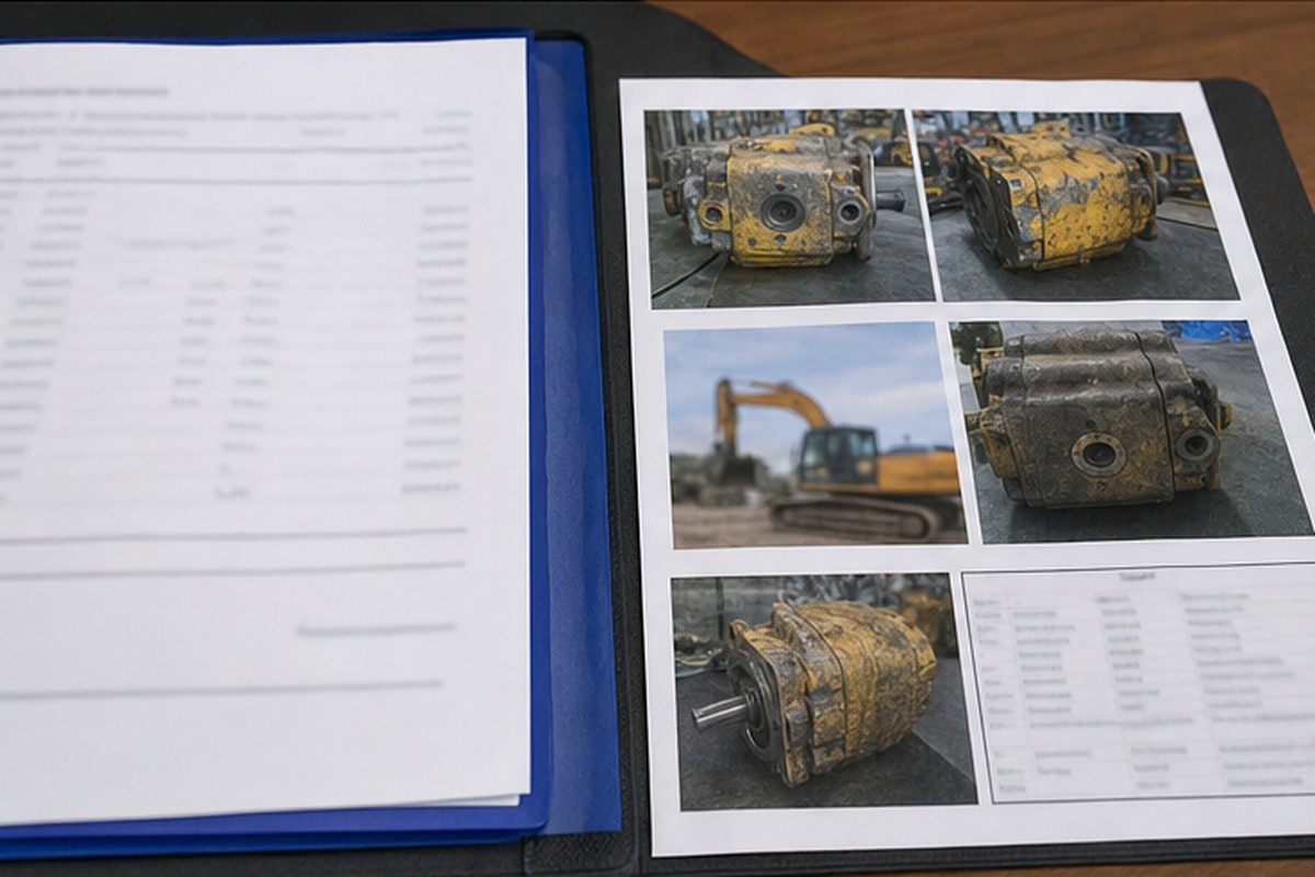 Excavator parts quote file with photo evidence
