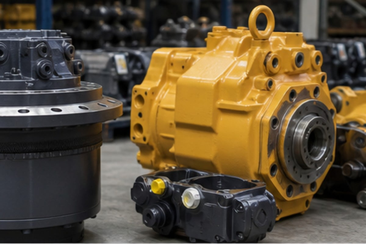 OEM aftermarket used and rebuilt excavator parts comparison on inspection bench