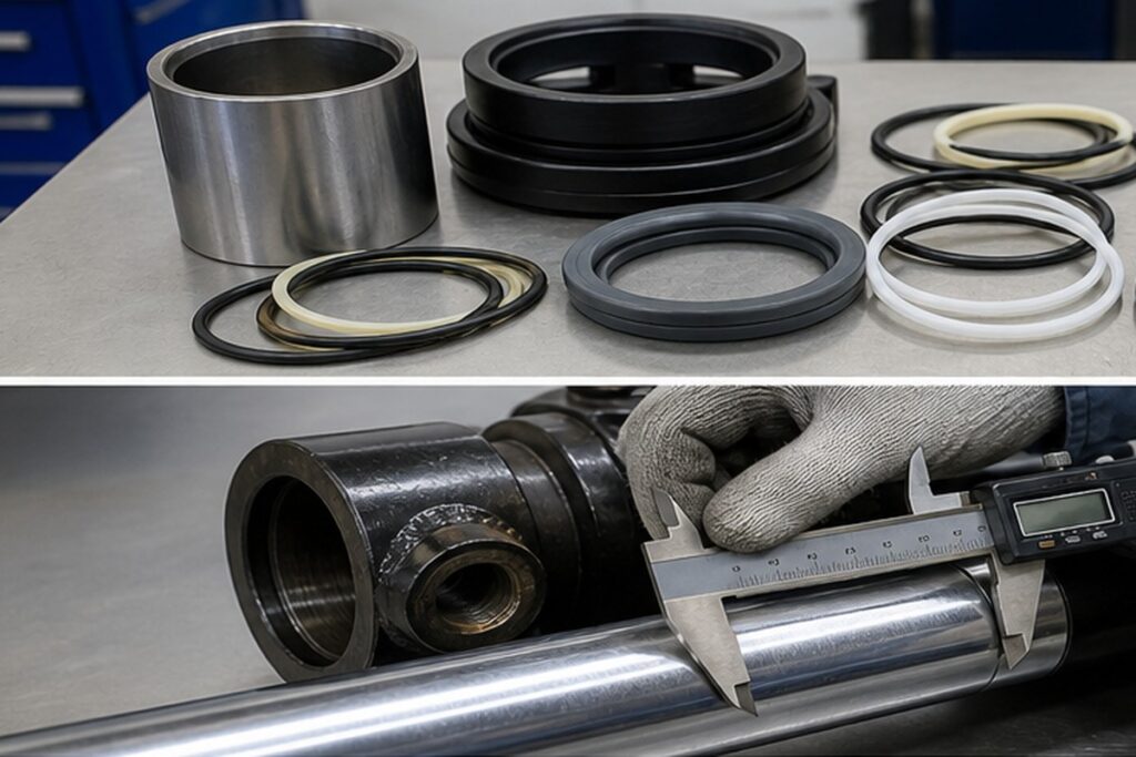 Excavator seal kit components on a workbench