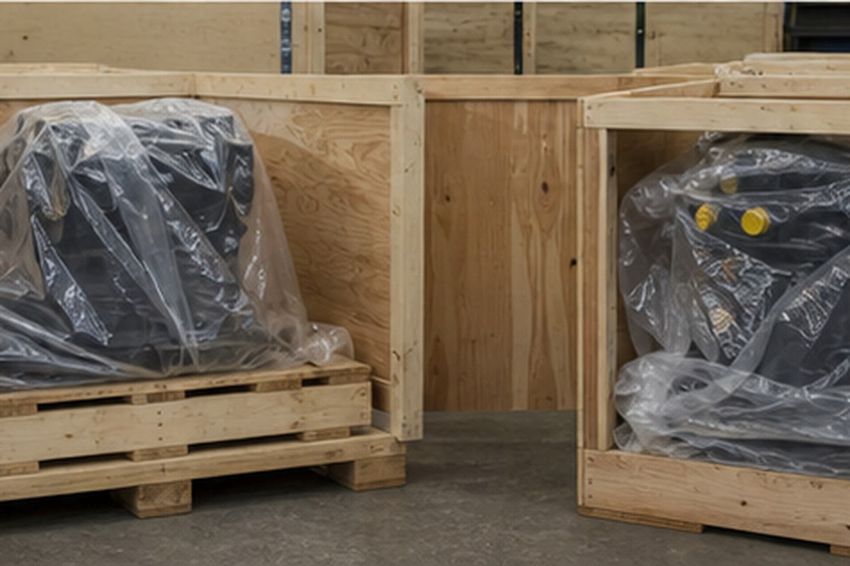 Excavator spare parts packed in wooden crate with protected components