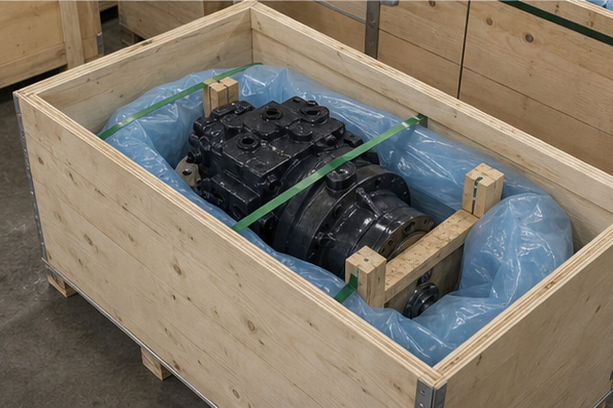 Excavator swing motor export packing with shaft and port protection