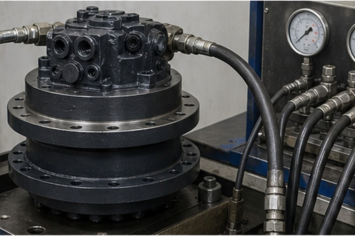 Excavator swing motor condition and hydraulic test evidence on workbench