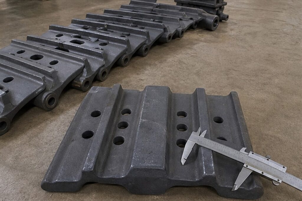 Excavator track shoes laid out for fitment inspection