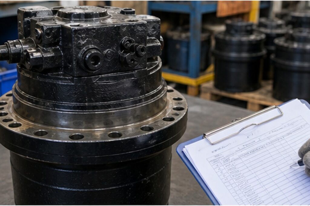 Excavator travel motor on workbench with quote checklist