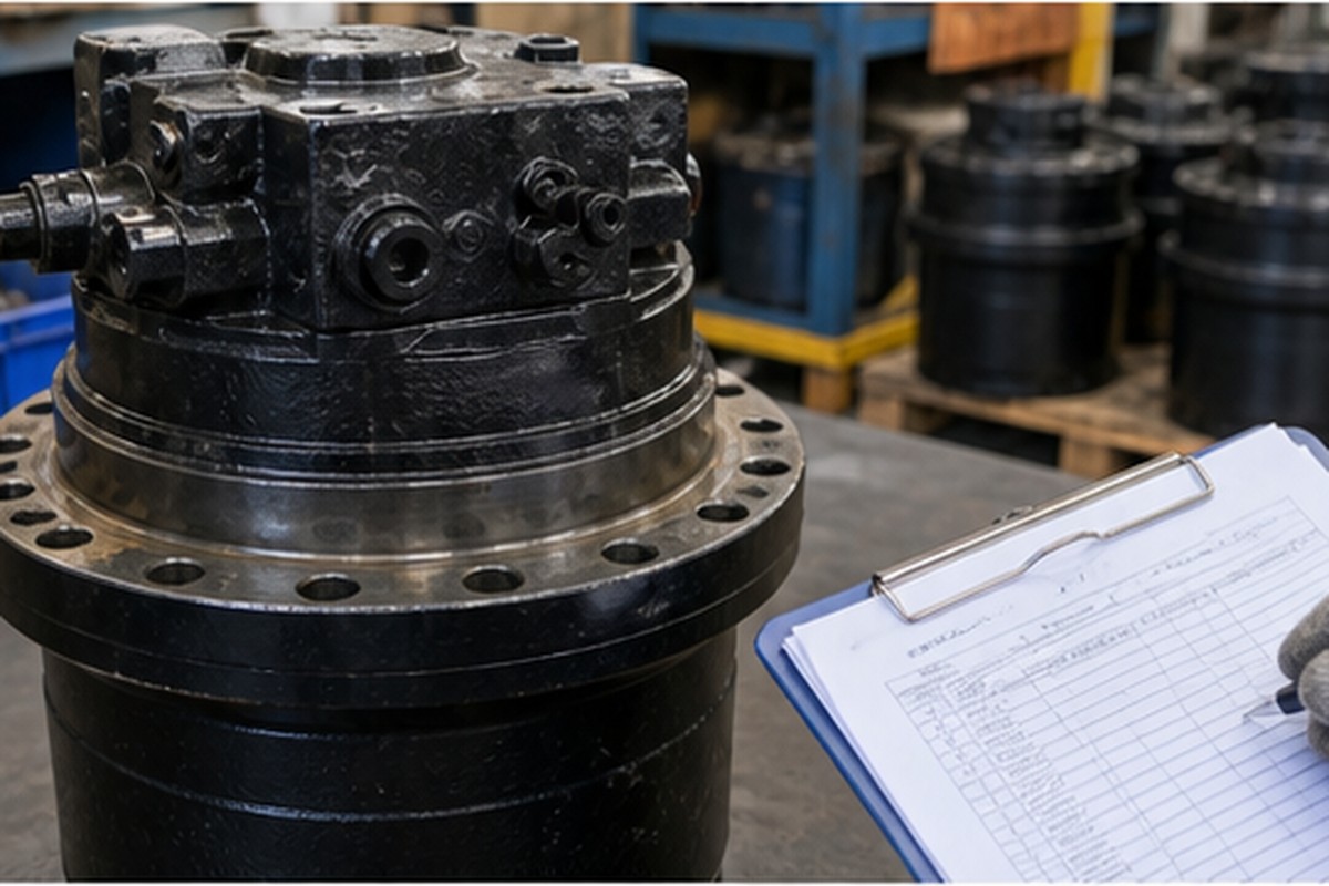 Excavator travel motor on workbench with quote checklist