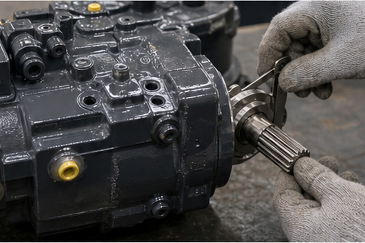 Hitachi hydraulic pump port layout and shaft inspection