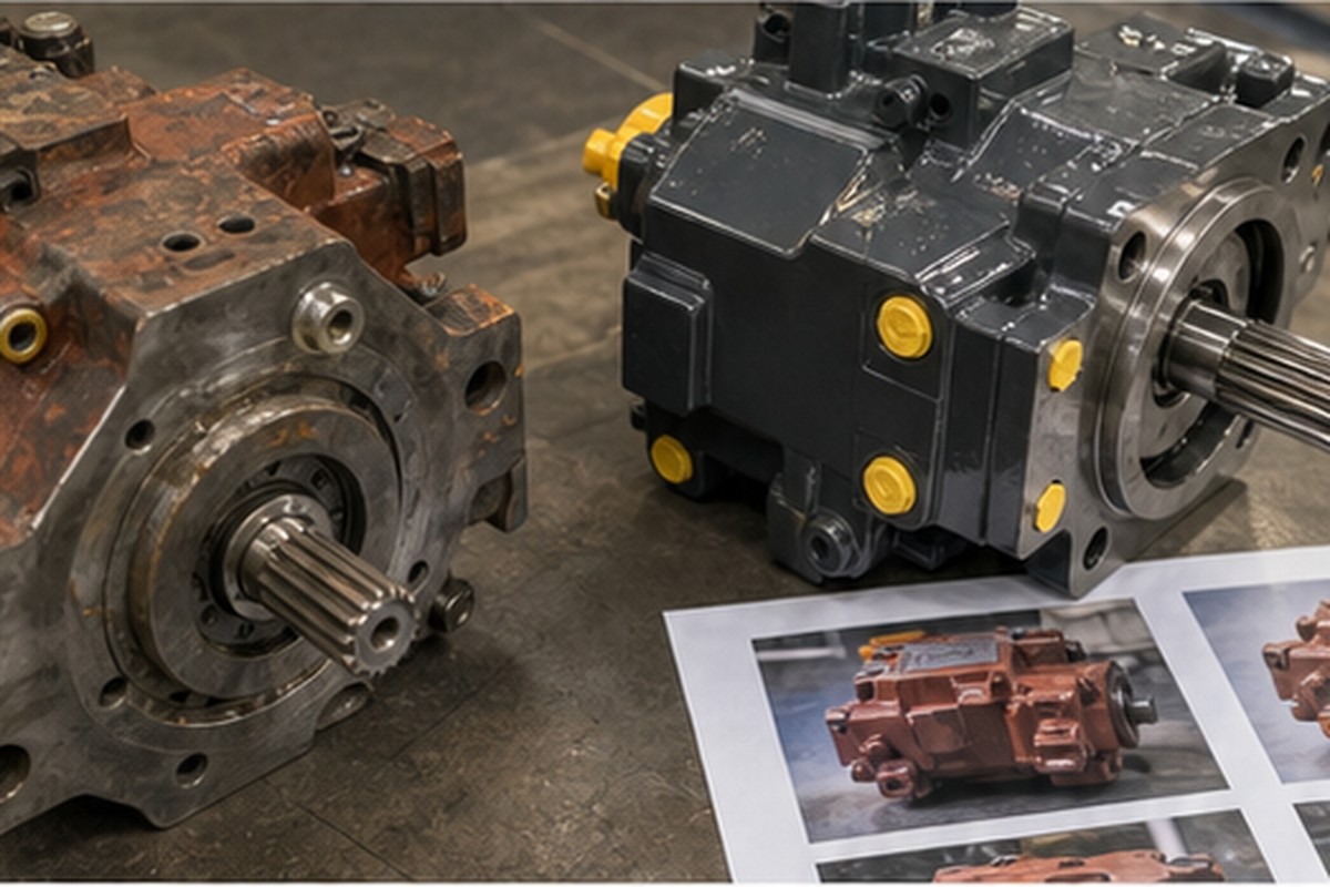 Old Hitachi excavator part compared with replacement component