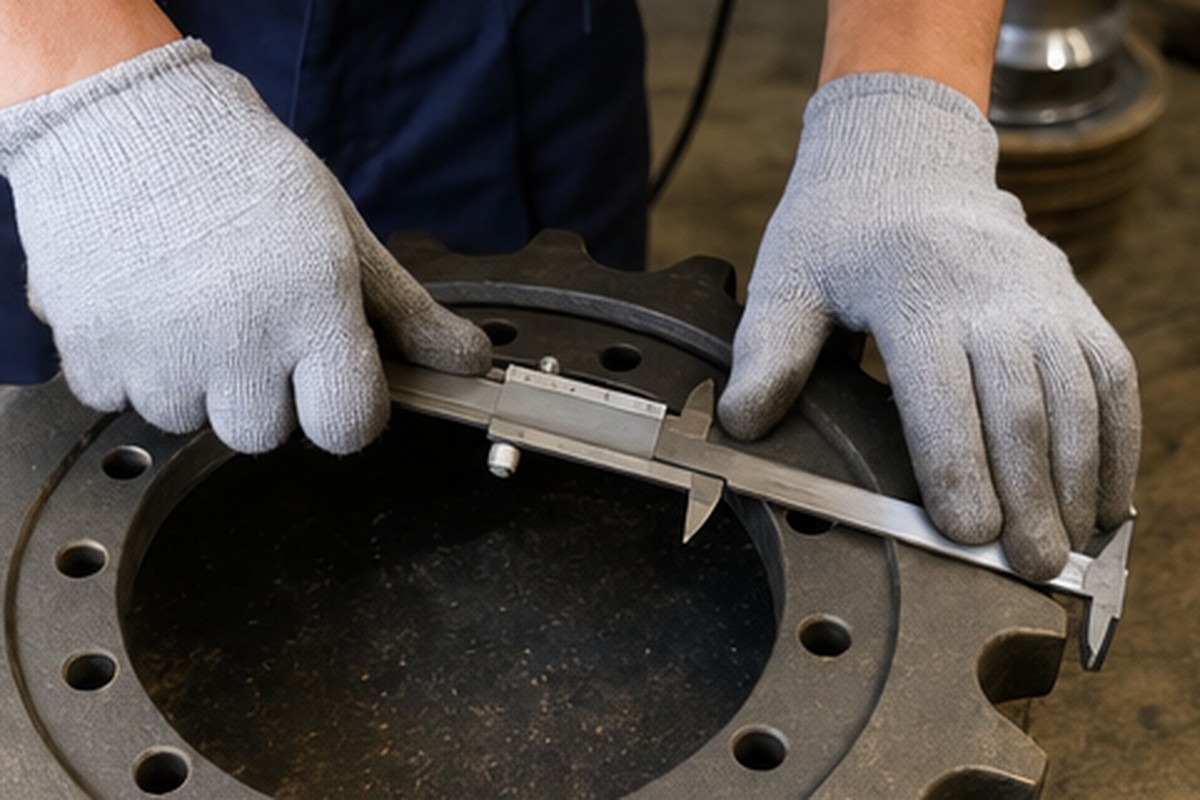 Pengukuran bolt hole sprocket excavator