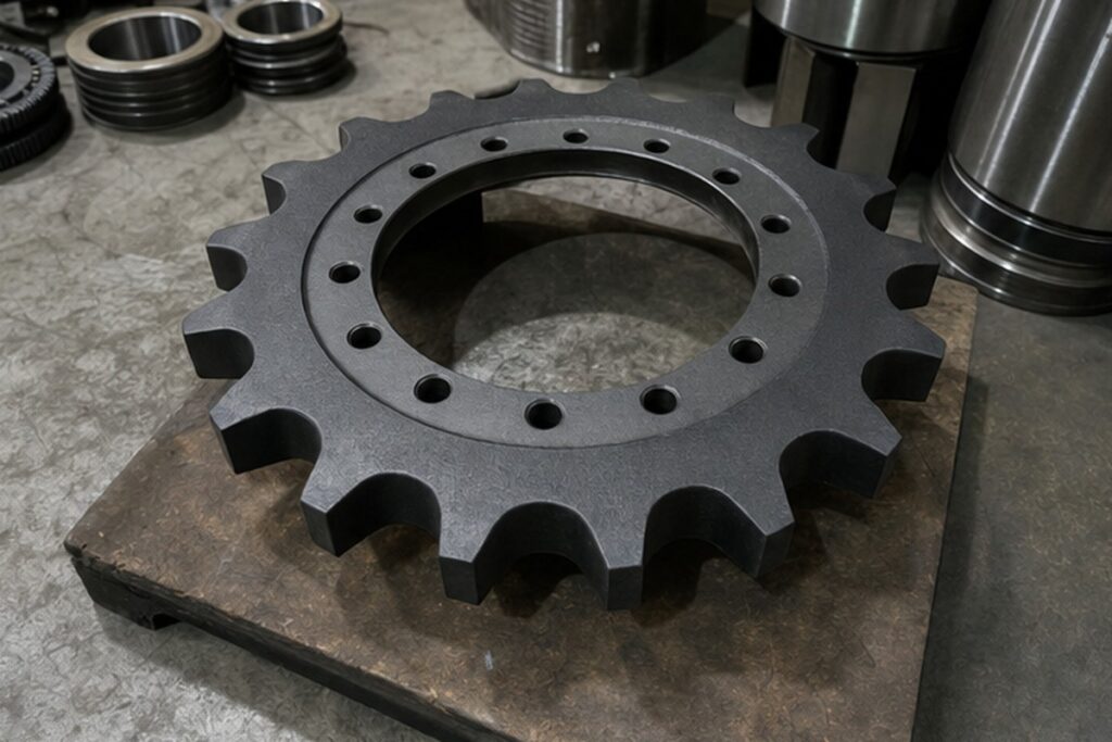 Sprocket excavator di meja inspeksi
