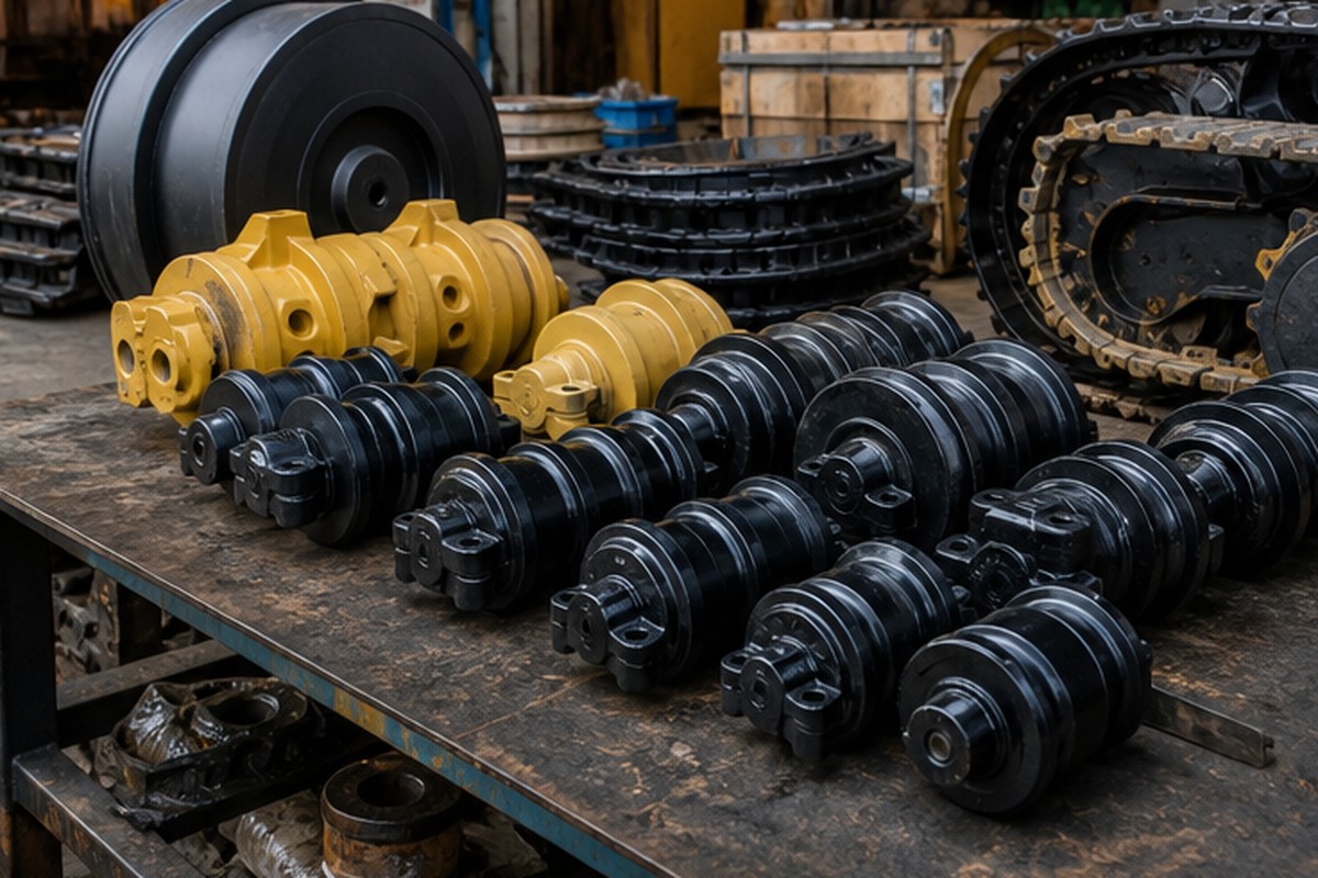Track roller excavator disusun di meja inspeksi