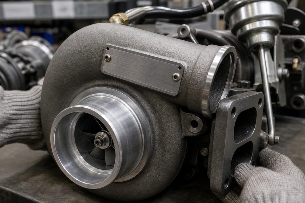 Excavator turbocharger nameplate and casting inspection