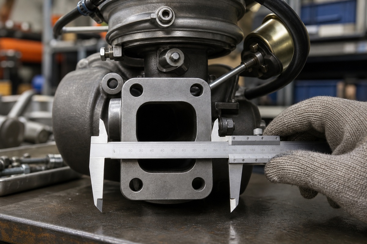 Excavator turbocharger flange and bolt pattern measurement