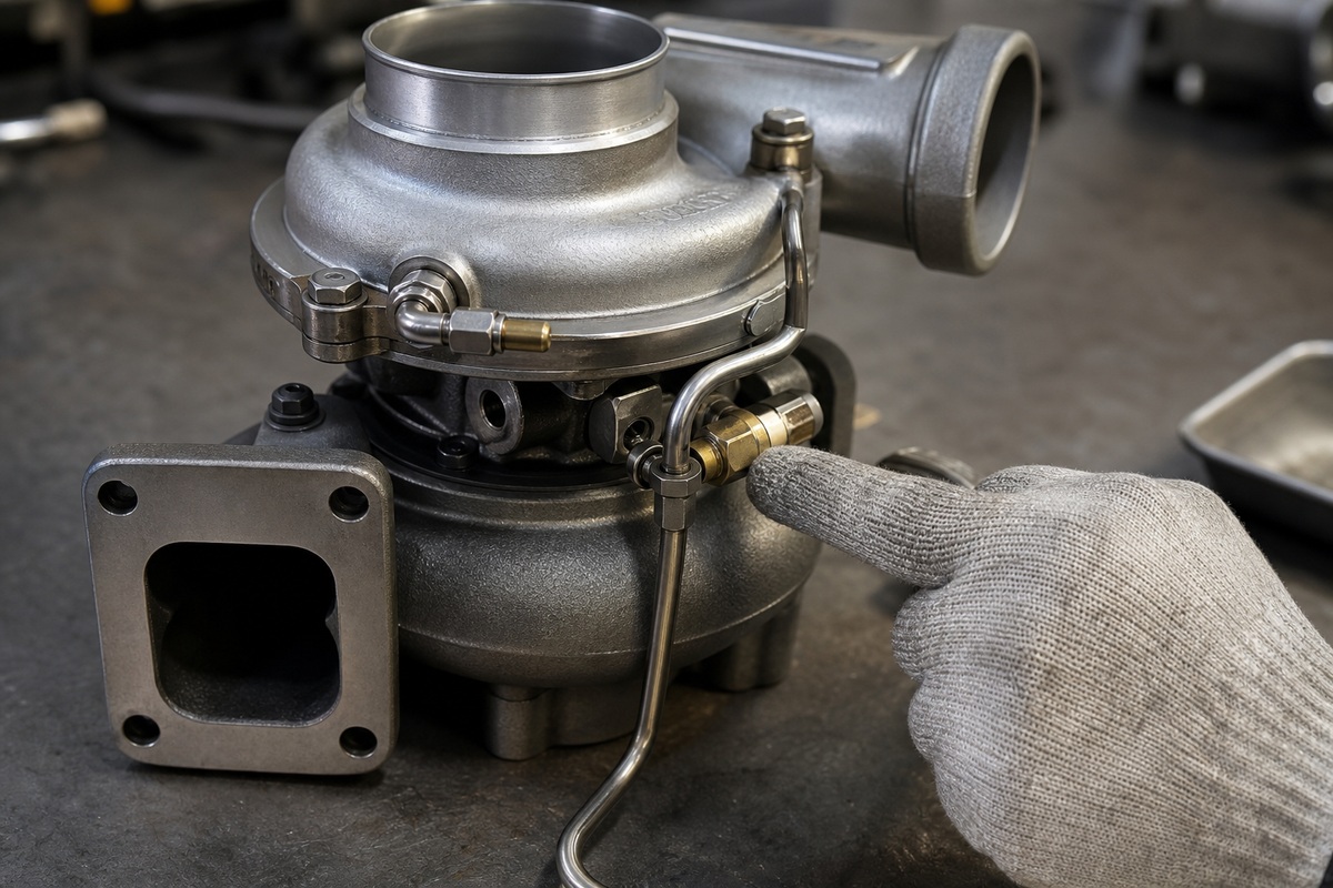 Excavator turbocharger oil feed and drain line inspection