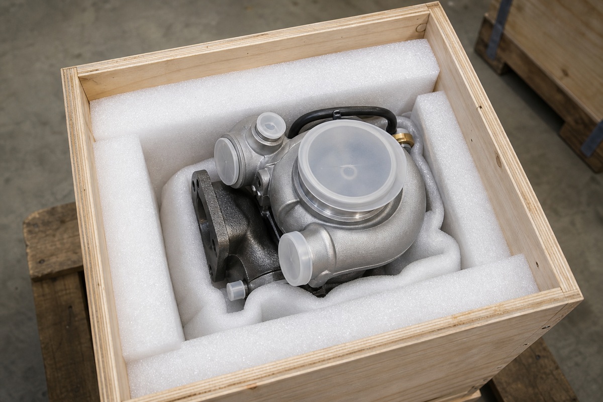 Packed excavator turbocharger with protected ports for export