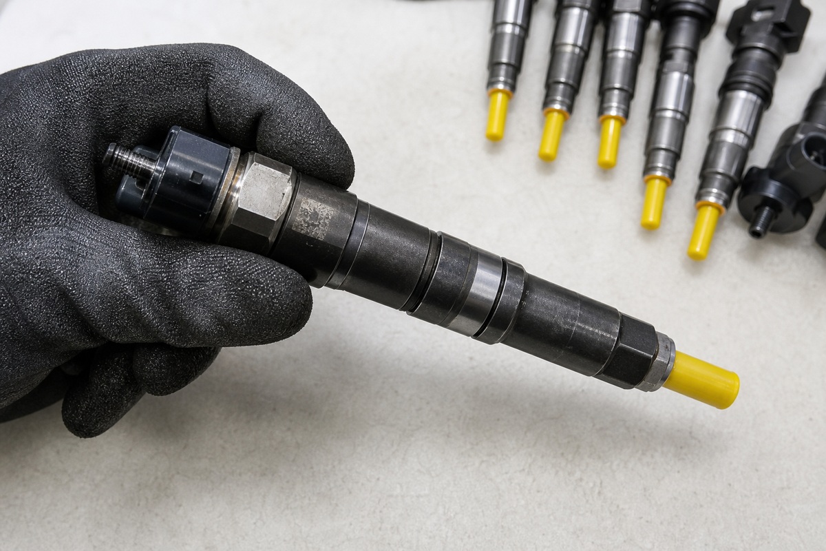 Excavator fuel injector part number close-up inspection
