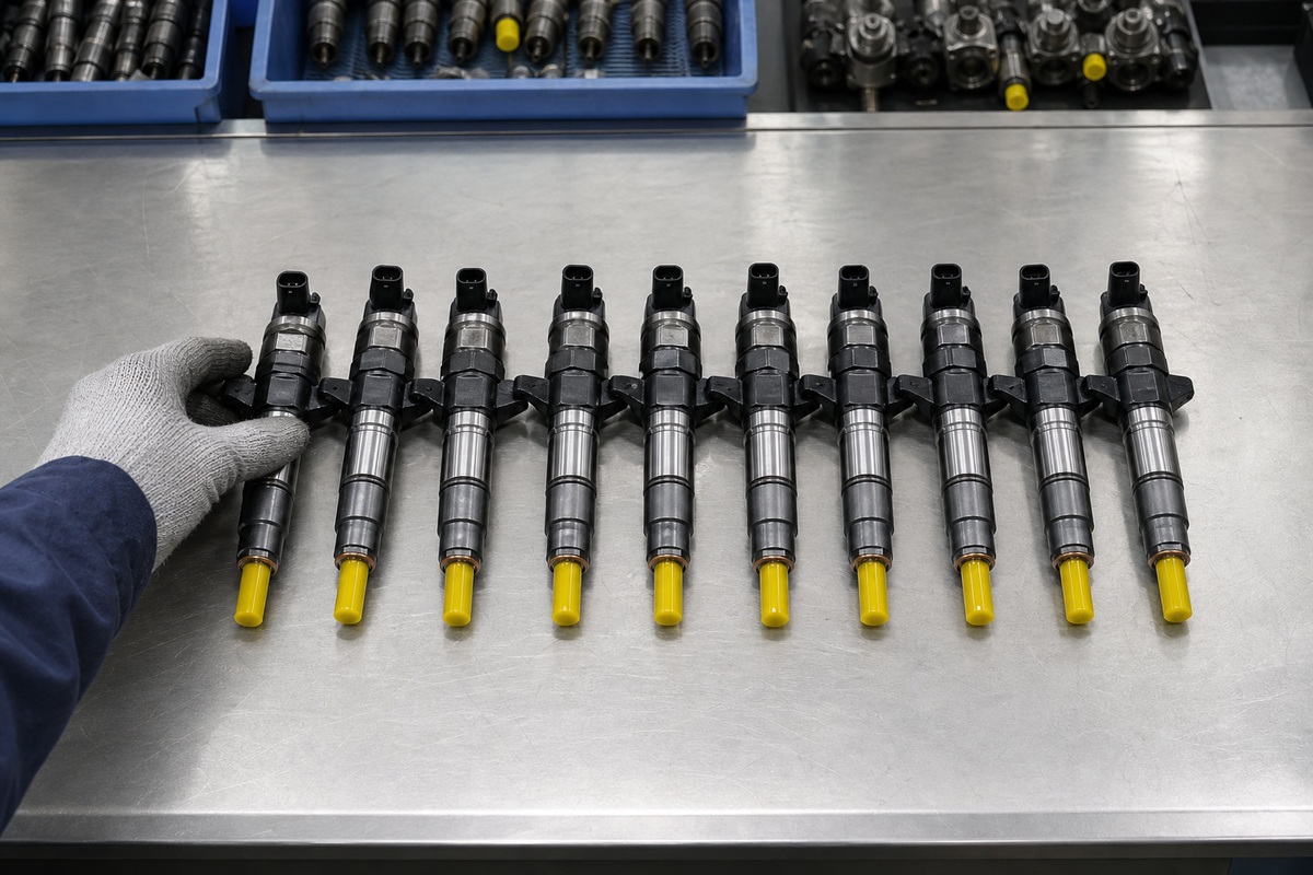 Matched excavator fuel injector set on inspection bench