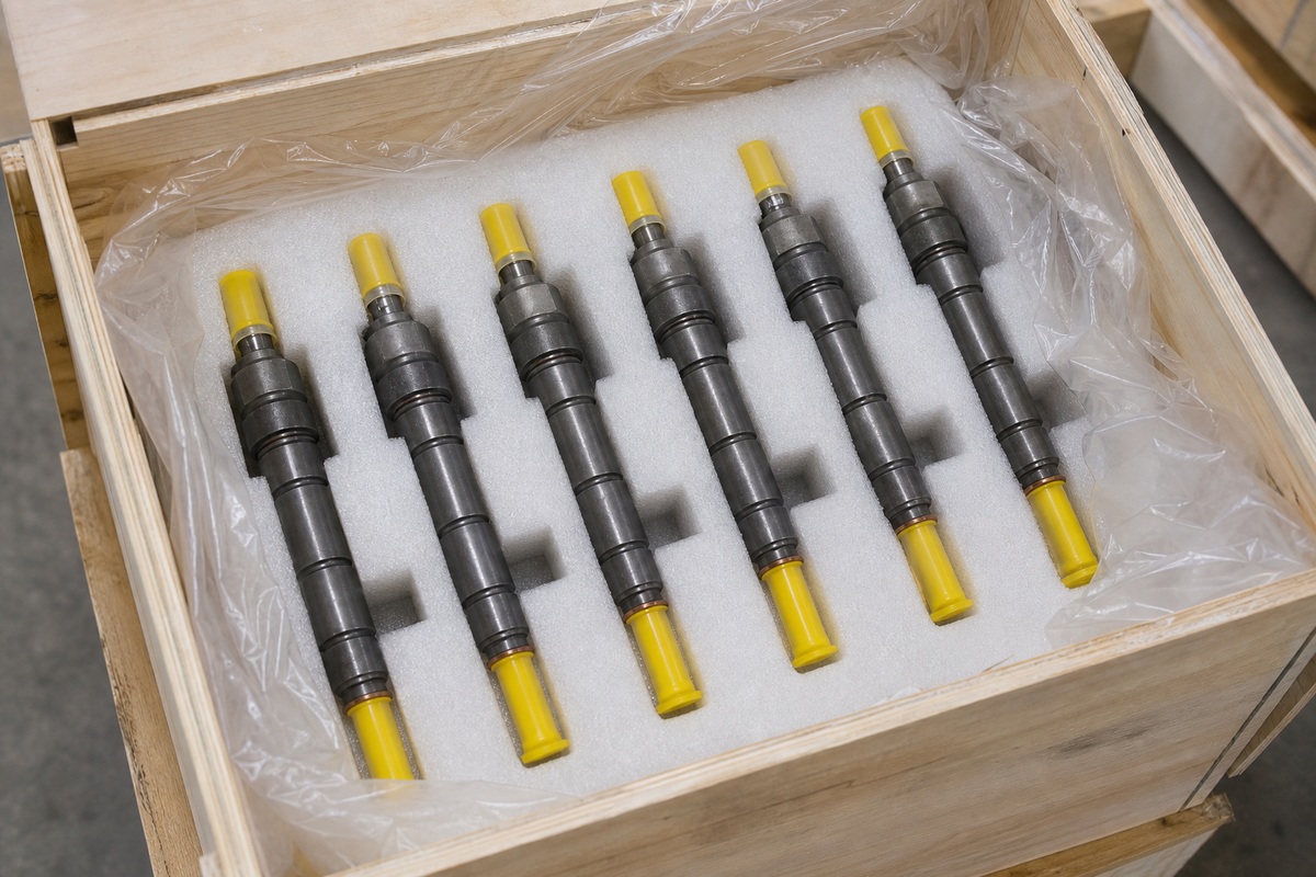 Capped excavator fuel injectors packed in foam for export