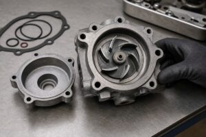 Excavator water pump impeller and housing inspection
