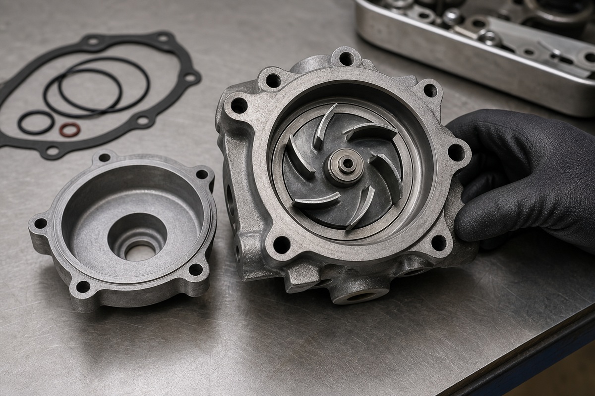 Excavator water pump impeller and housing inspection