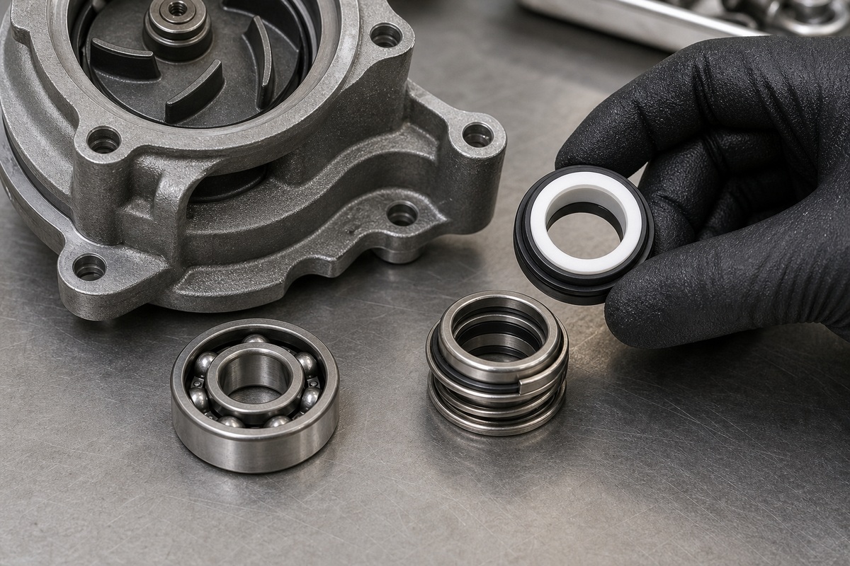 Excavator water pump bearing and seal inspection