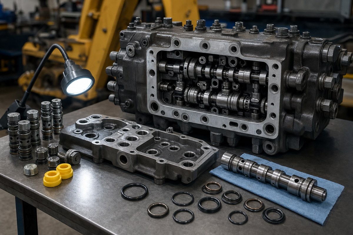 Excavator control valve spool and relief area inspection
