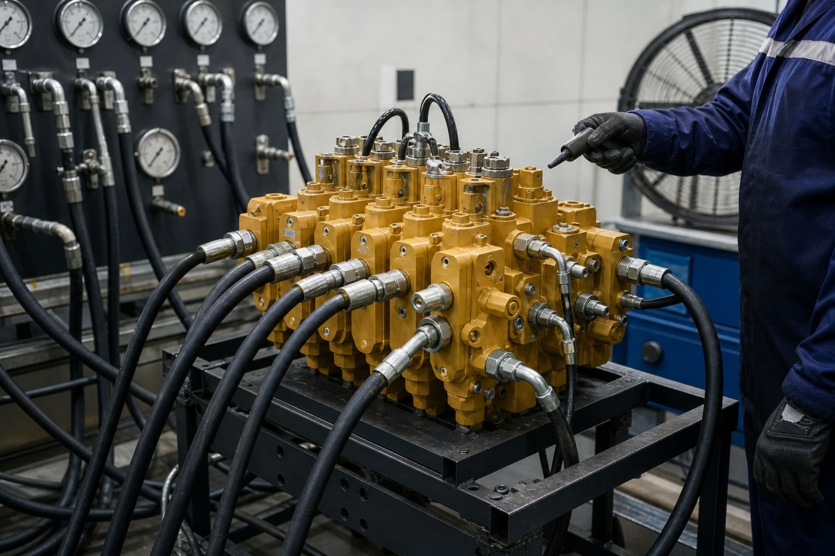 Excavator main control valve hydraulic test bench evidence