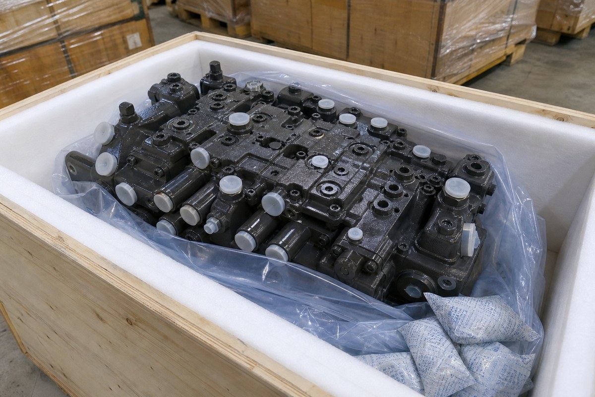 Excavator main control valve export packing with capped ports