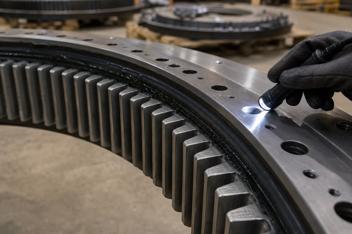 Slewing ring gear teeth and raceway condition check