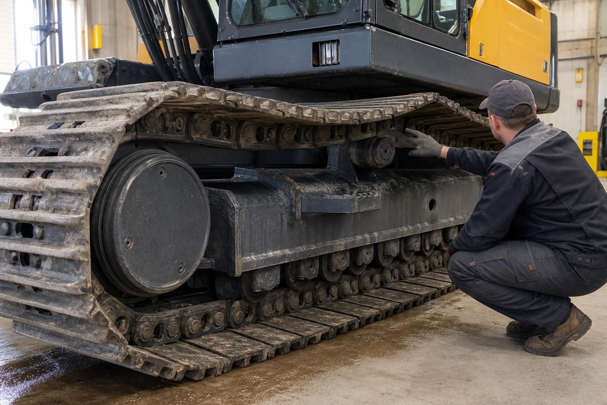 Excavator undercarriage track adjuster location check