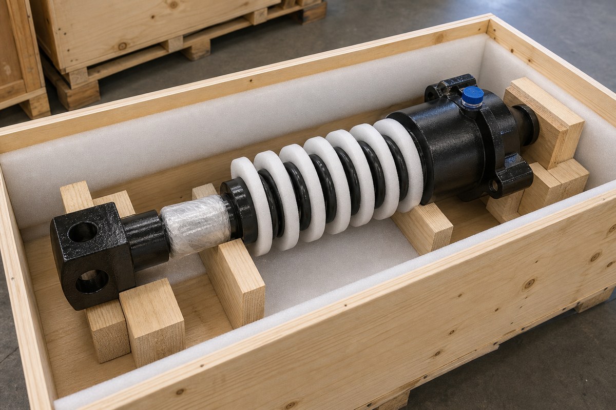 Excavator track adjuster export packing in wooden crate