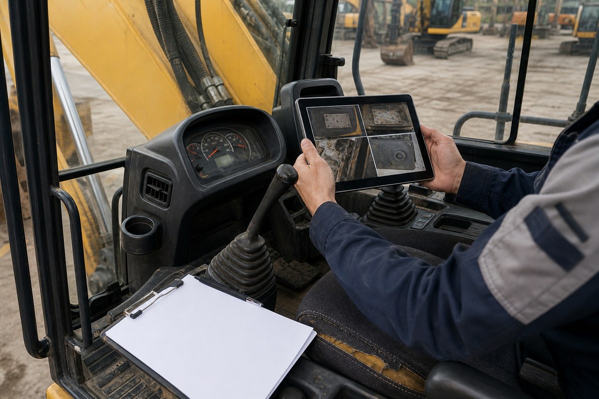 Cek kabin jam kerja dan dokumen excavator bekas