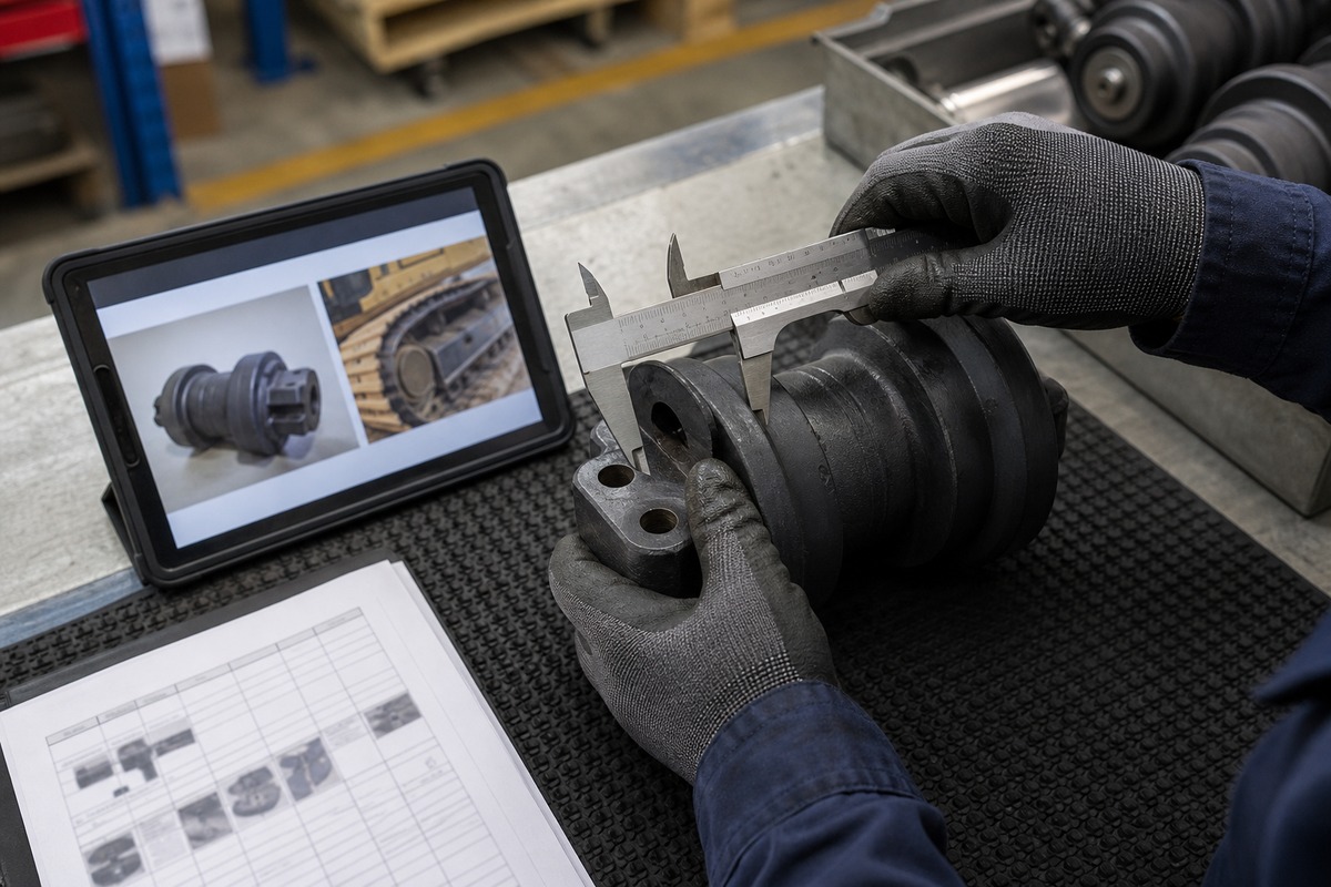 Technician measuring excavator track roller bracket before supplier quote