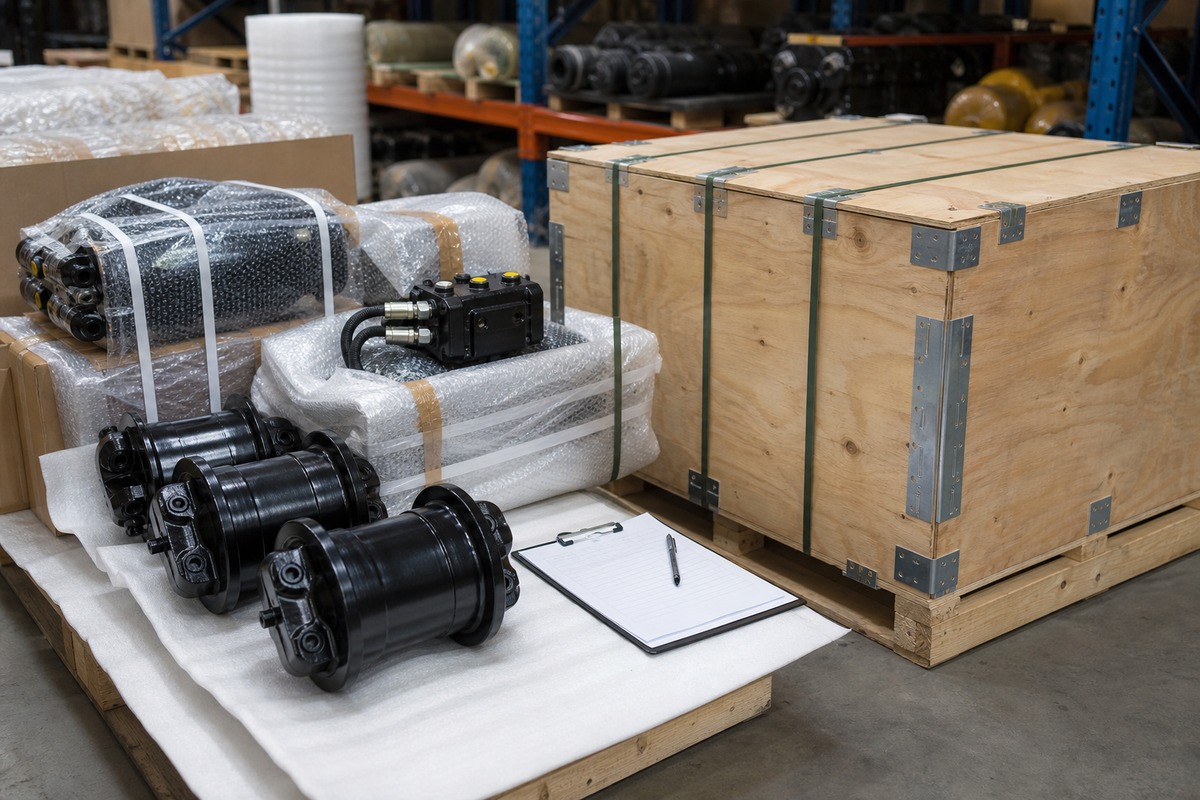 Excavator parts protected in wooden crate for export shipment