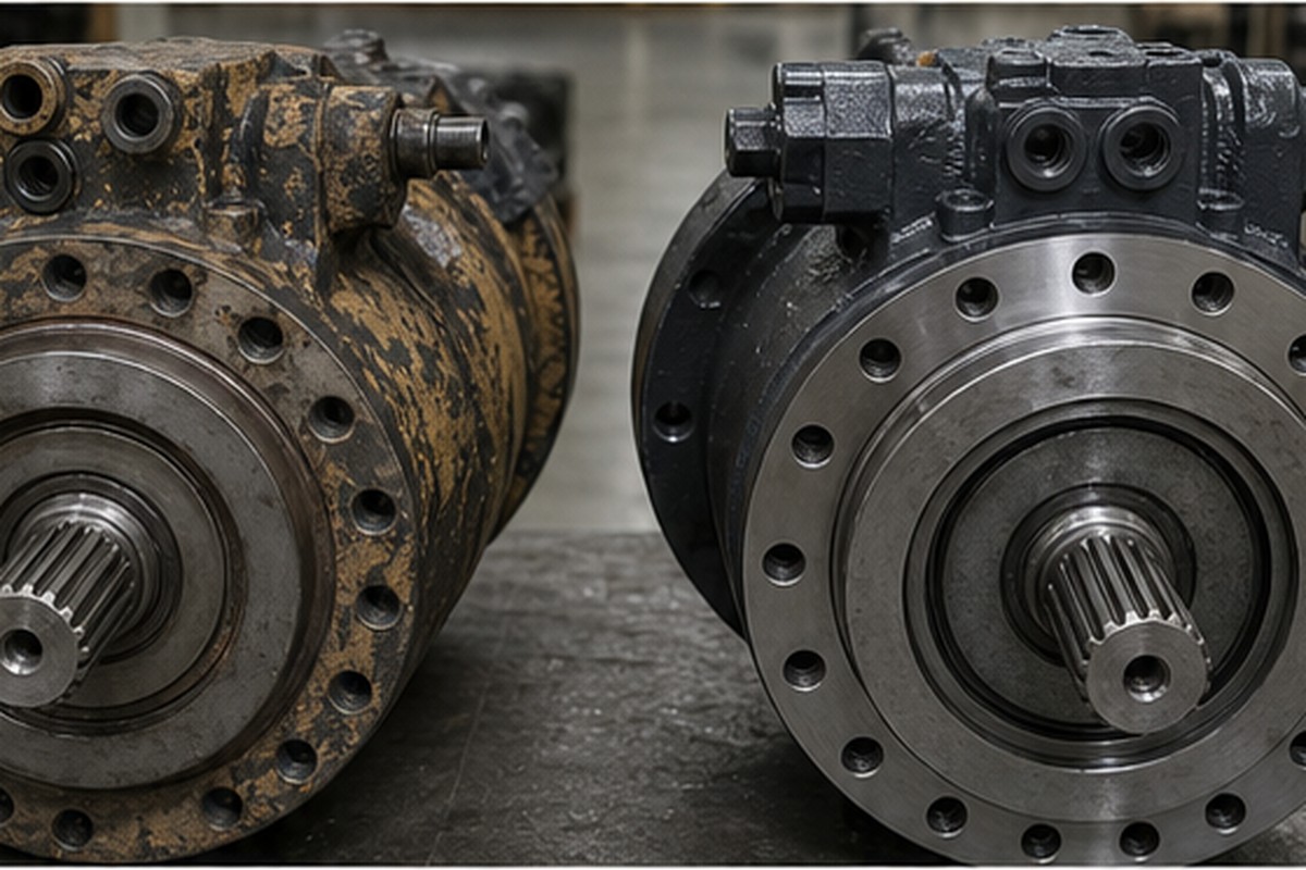 Old excavator swing motor compared with replacement by bolt pattern and spline