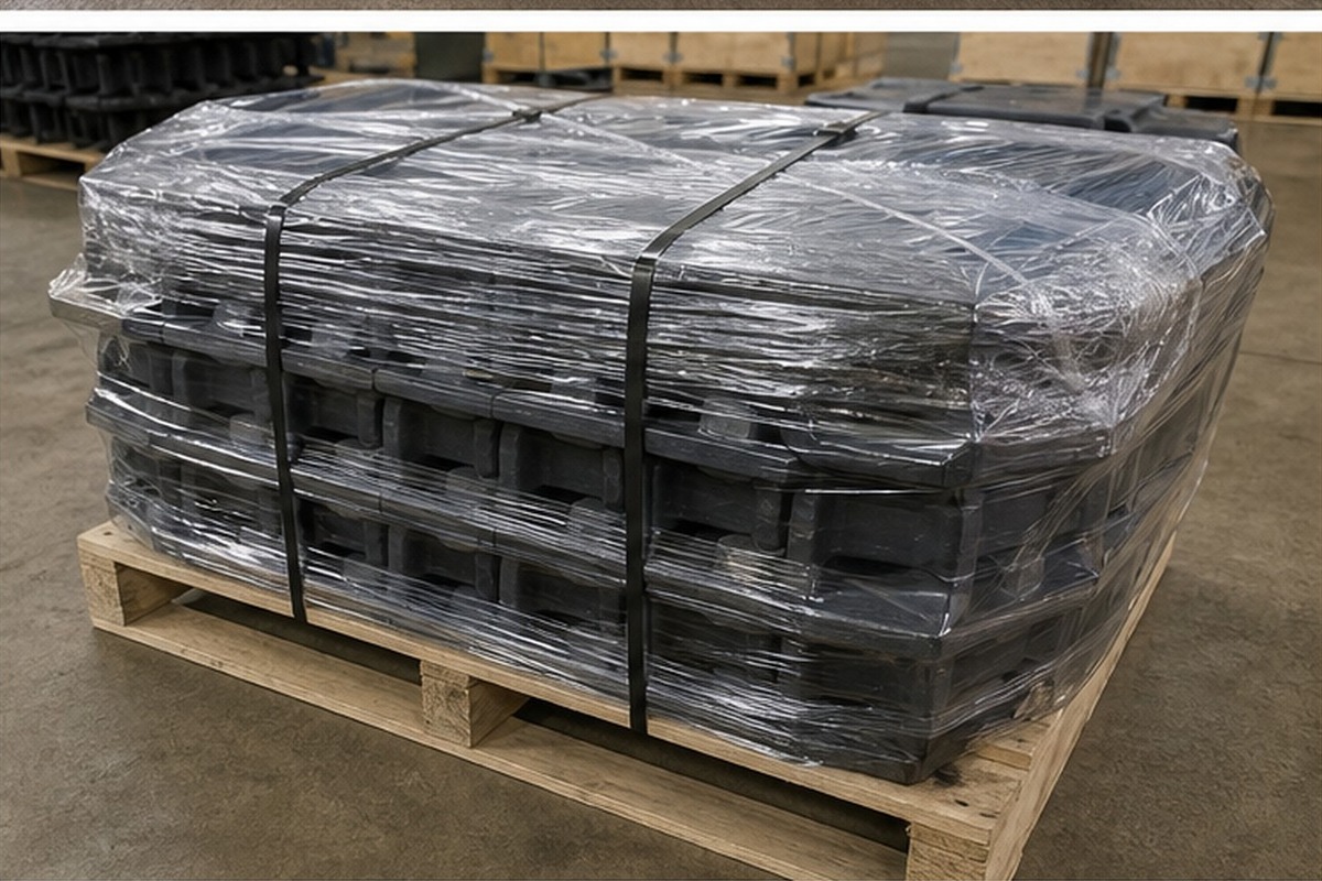 Excavator track shoes packed on export pallet