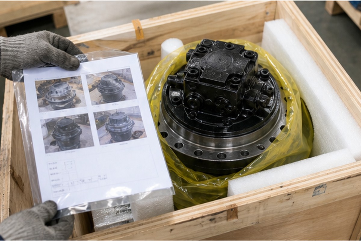 Excavator travel motor export packing with protective crate