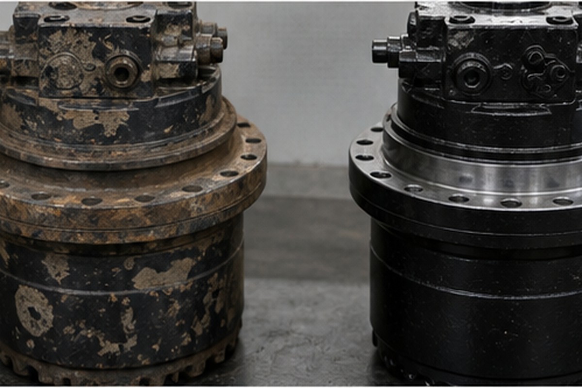 Old excavator travel motor compared with replacement unit