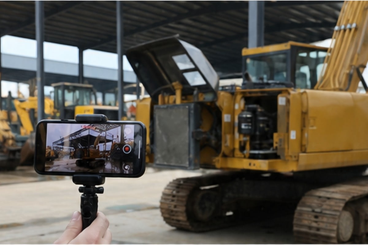 Used CAT excavator cold start video evidence in equipment yard