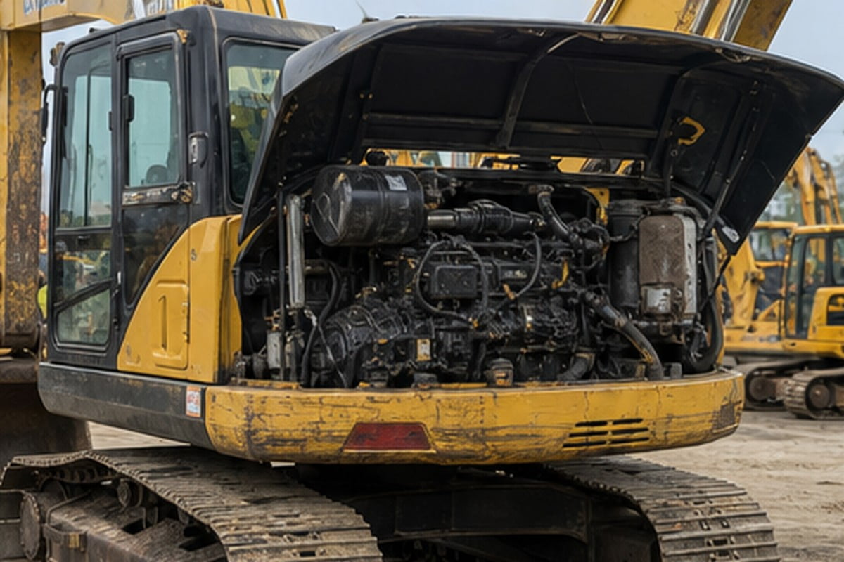 Used excavator engine bay open for yard inspection before import