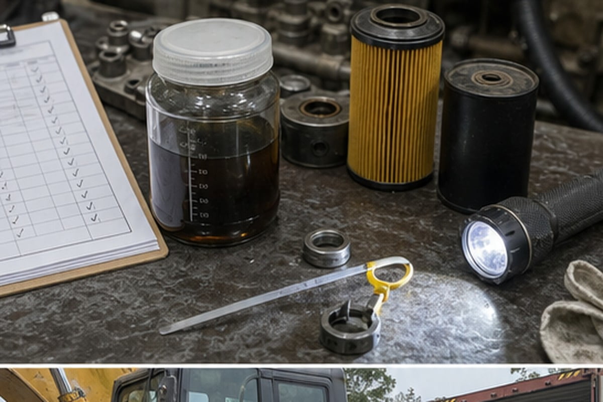 Used excavator engine inspection evidence with oil sample and checklist