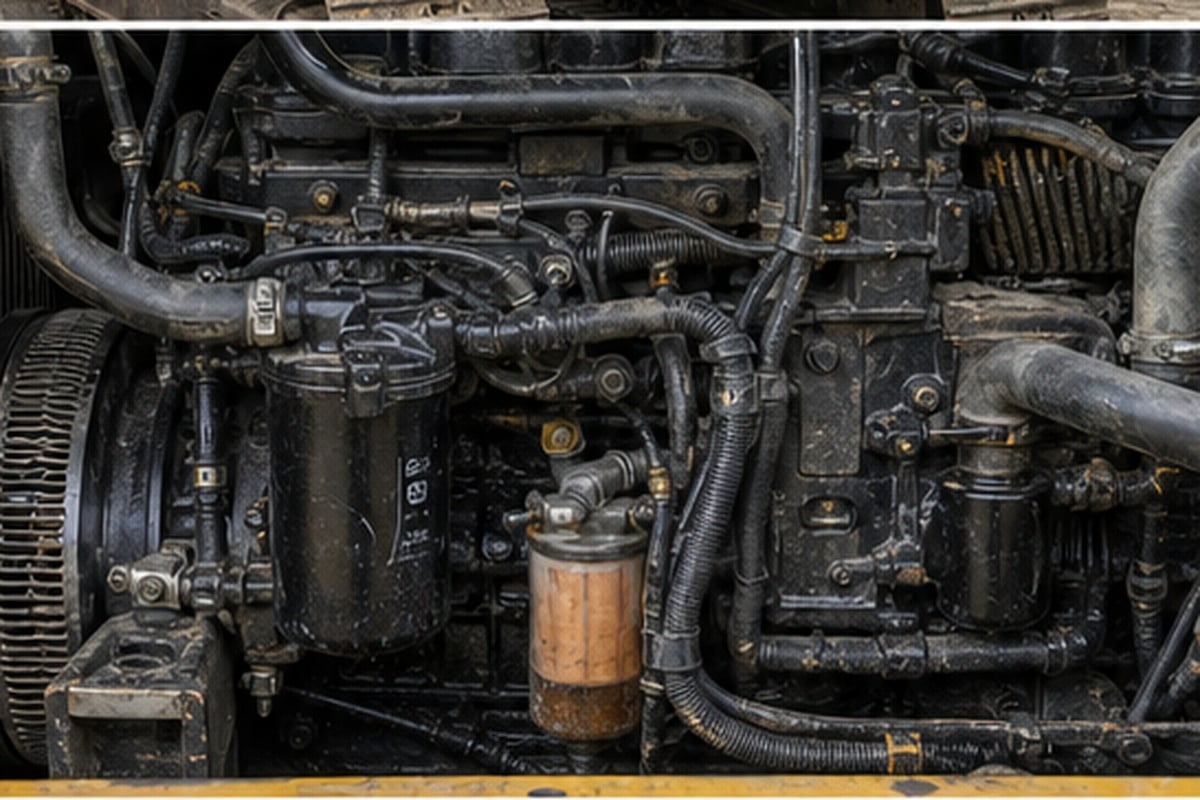 Used excavator engine hose belt radiator and oil leak inspection