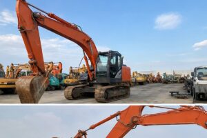 Used Hitachi-style excavator yard walkaround before import