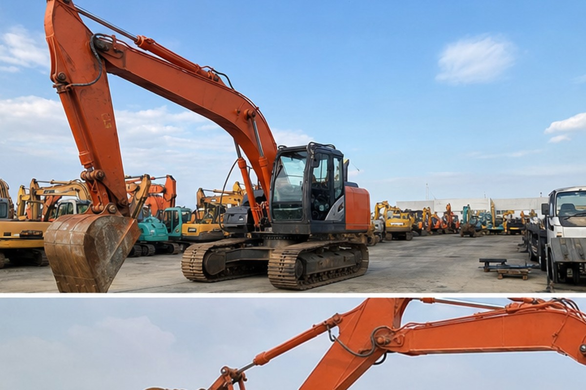 Used Hitachi-style excavator yard walkaround before import