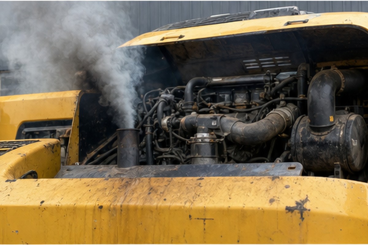 Used excavator cold start and engine bay inspection evidence