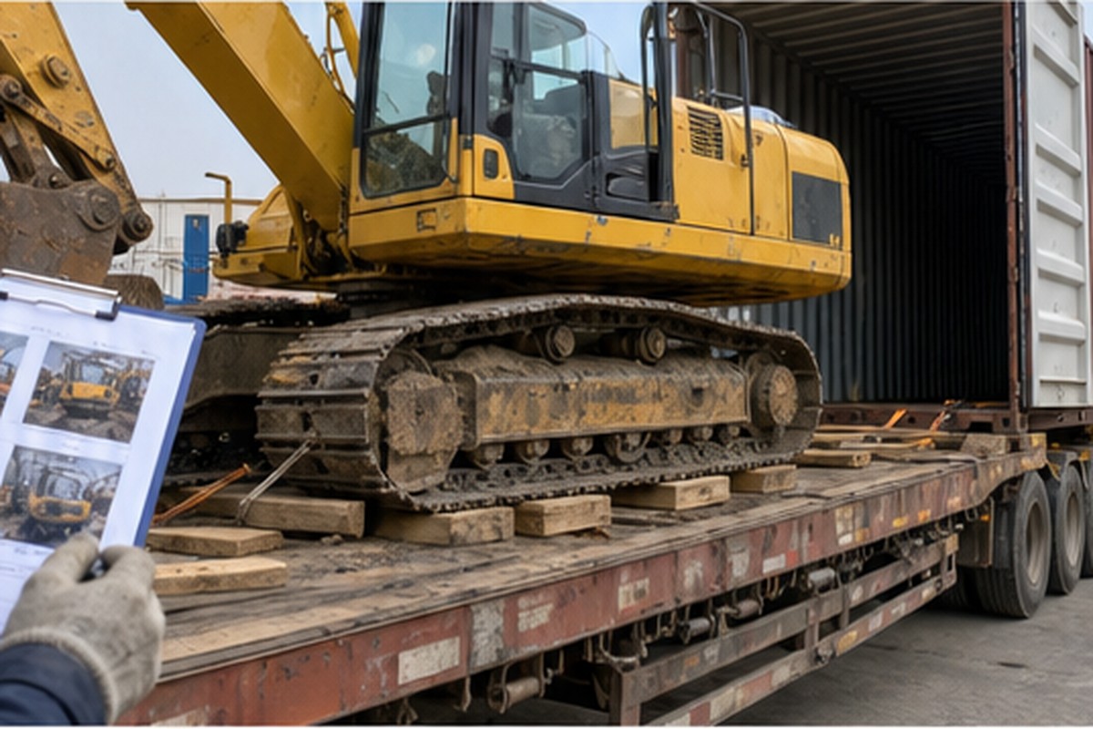 Used excavator export loading proof with inspection photo file